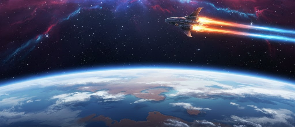 A starship crossing the void above a distant world